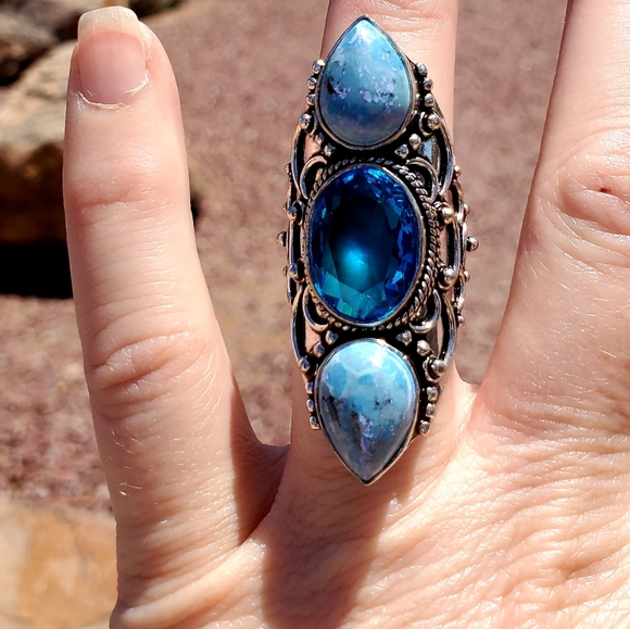 New Swiss Blue Topaz & Mosaic Jasper 925 Silver Statement Ring. - Picture 8 of 11